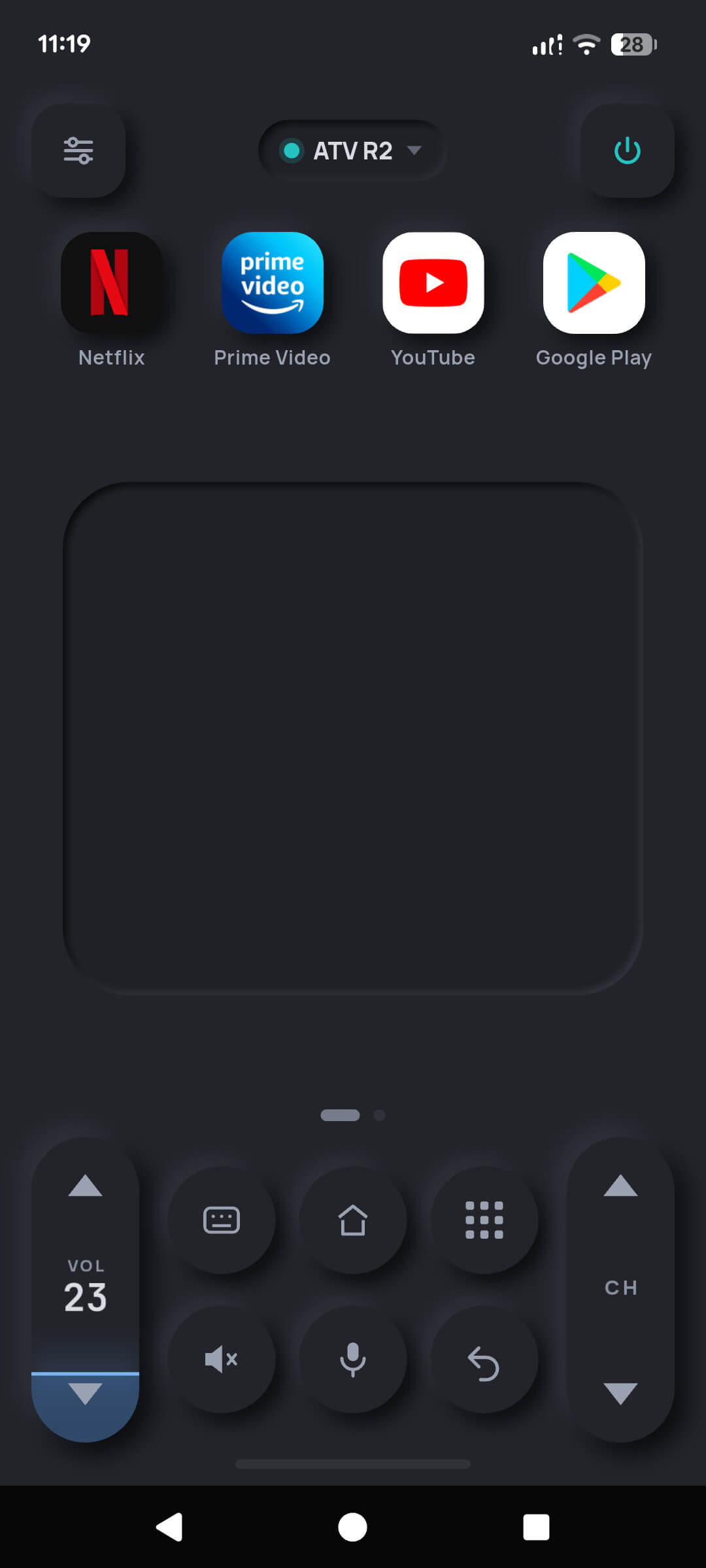 TV Remote touchpad page: a large swipe surface replacing the D-pad for navigating Android TV menus