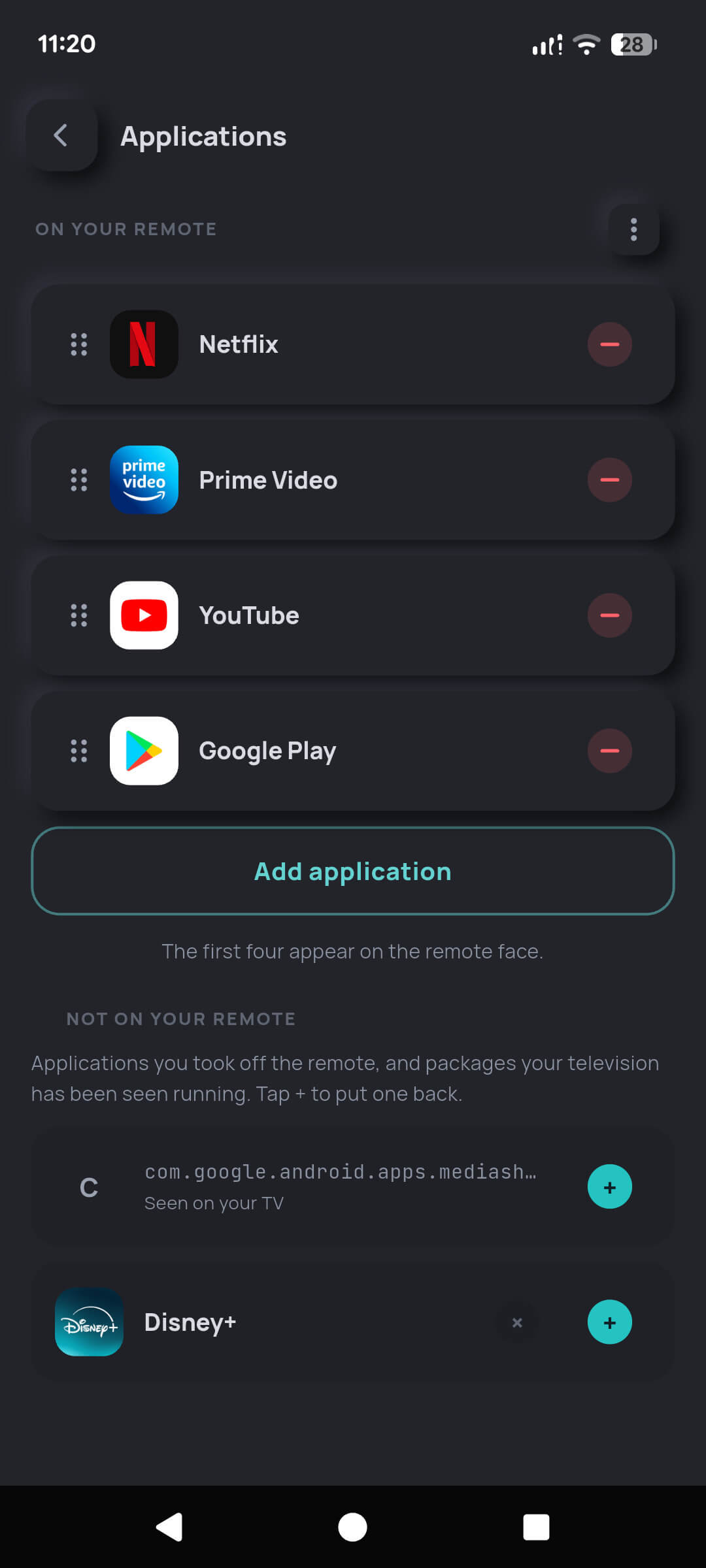 App shortcuts pinned to the top of the TV Remote