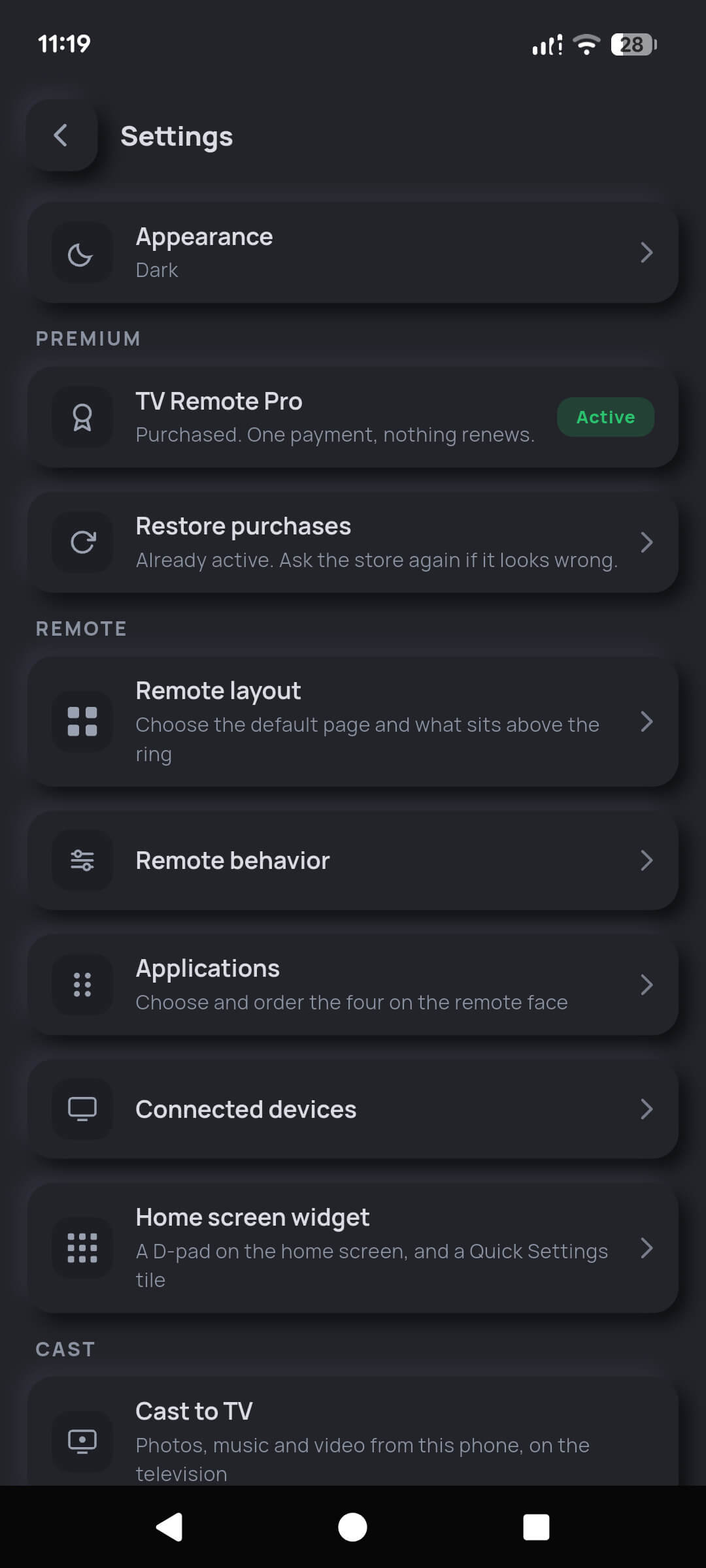 TV Remote settings screen showing layout and behaviour options